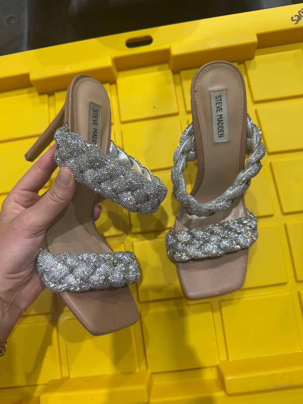 Steve Madden Silver Crystal Braided Strap Heels
